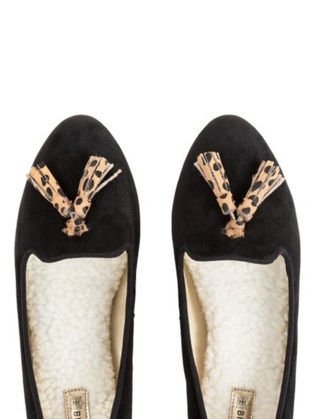 Birdies The Blackbird Black Suede Sherpa Lined Cheetah Tassel Loafers Sz 6